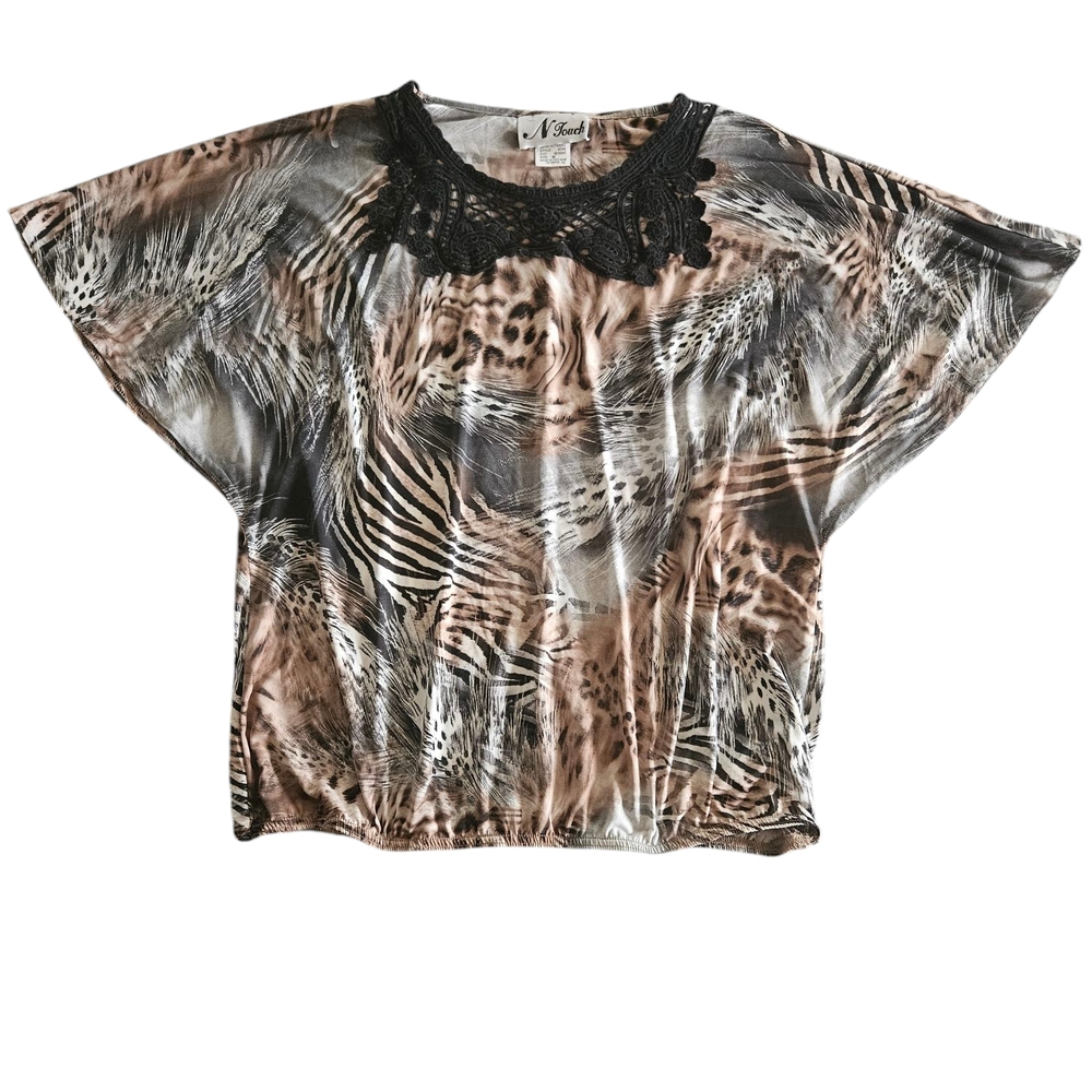Women's Animal Print Top with Black Lace Detail.  #0075 (F)